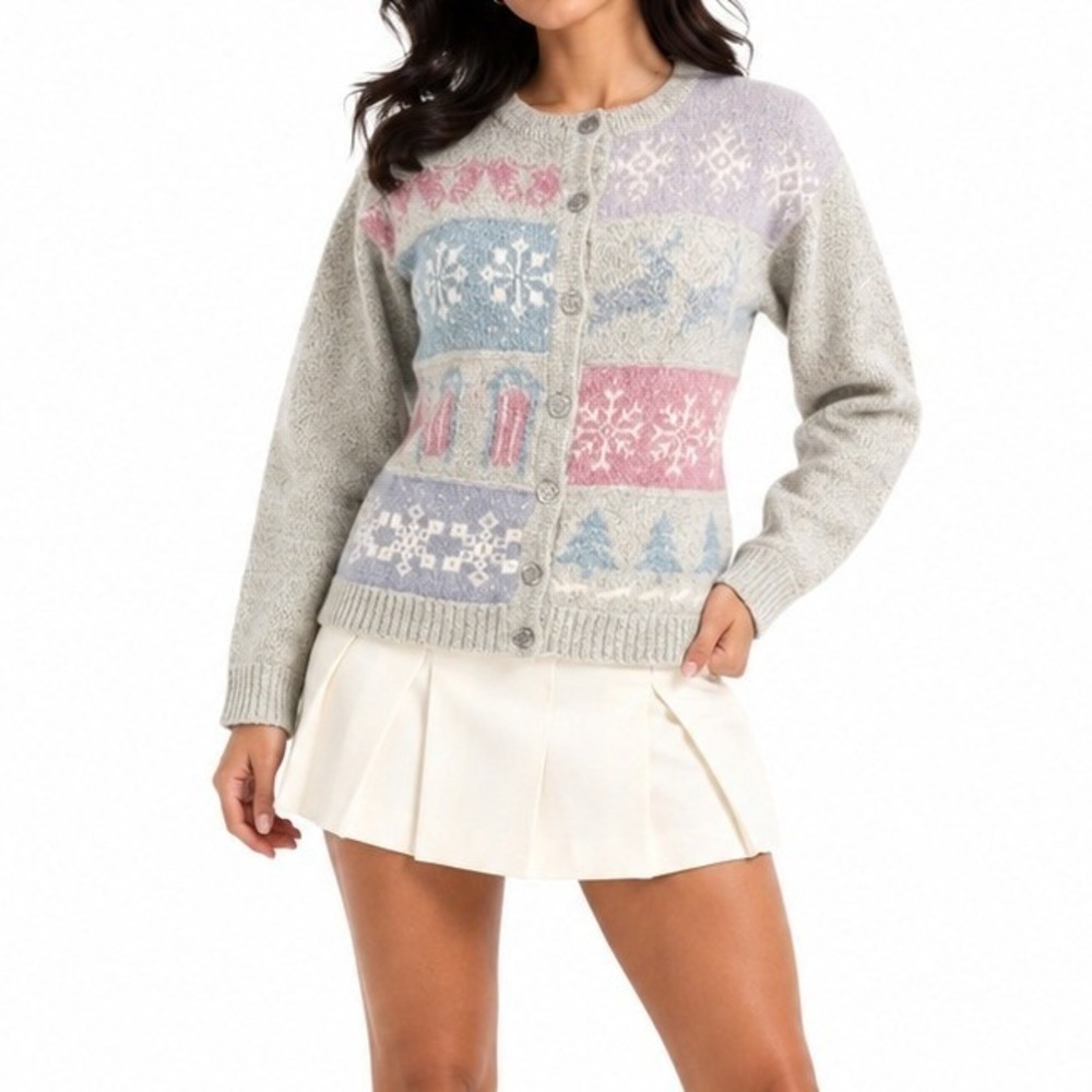 80s Vintage Woolrich Wool Cardigan Womens S Pastel Fair Isle Snowflake Sweater - Picture 1 of 7